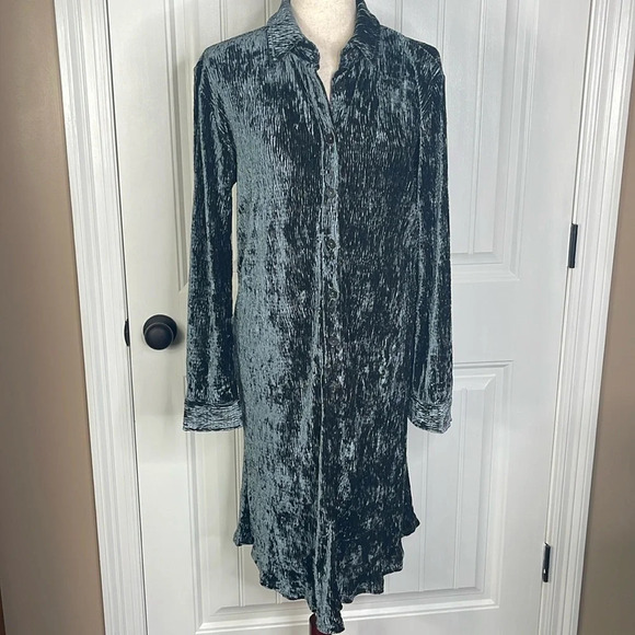 SOFT SURROUNDINGS Women's Maxime Soft Velvet Crinkle Shirt Dress Size PM/Blue - Picture 2 of 12